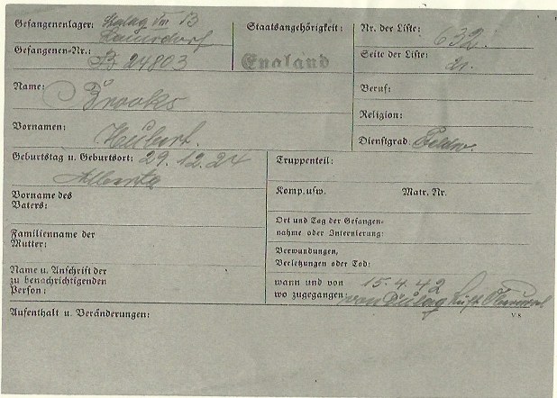 Photo:  Hubert Brooks' German Stalag VIIIB Lamsdorf Prisoner of War (POW) Card